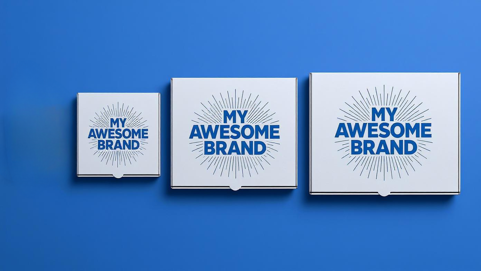 Three branded pizza boxes with 'My Awesome Brand' on a blue background